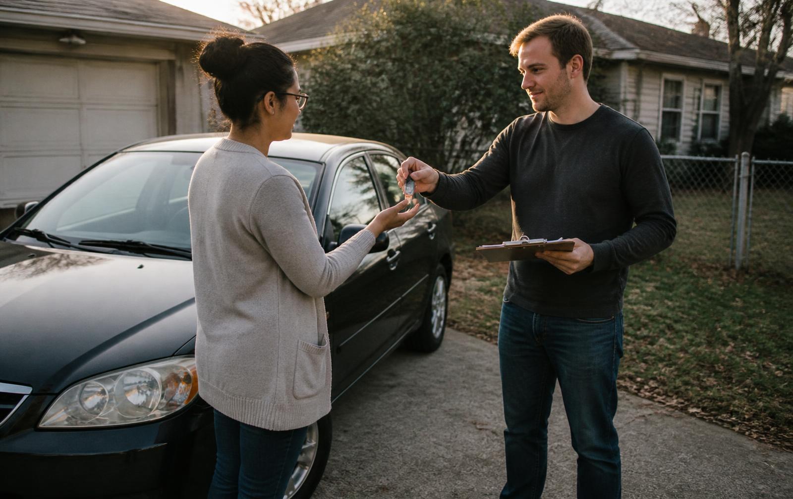 Two people completing a private car sale in a driveway