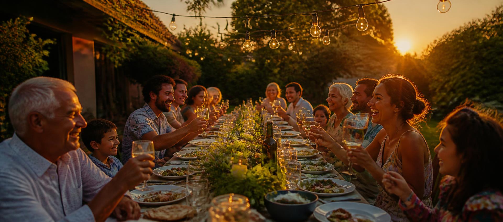 A large family dinner outdoors under warm string lights