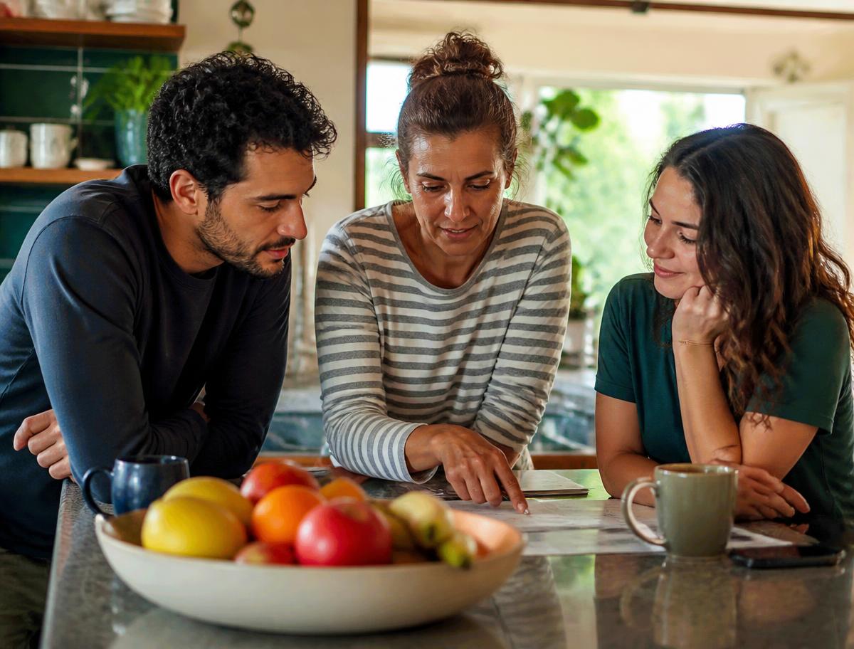A family gathered around a sunlit kitchen table talking