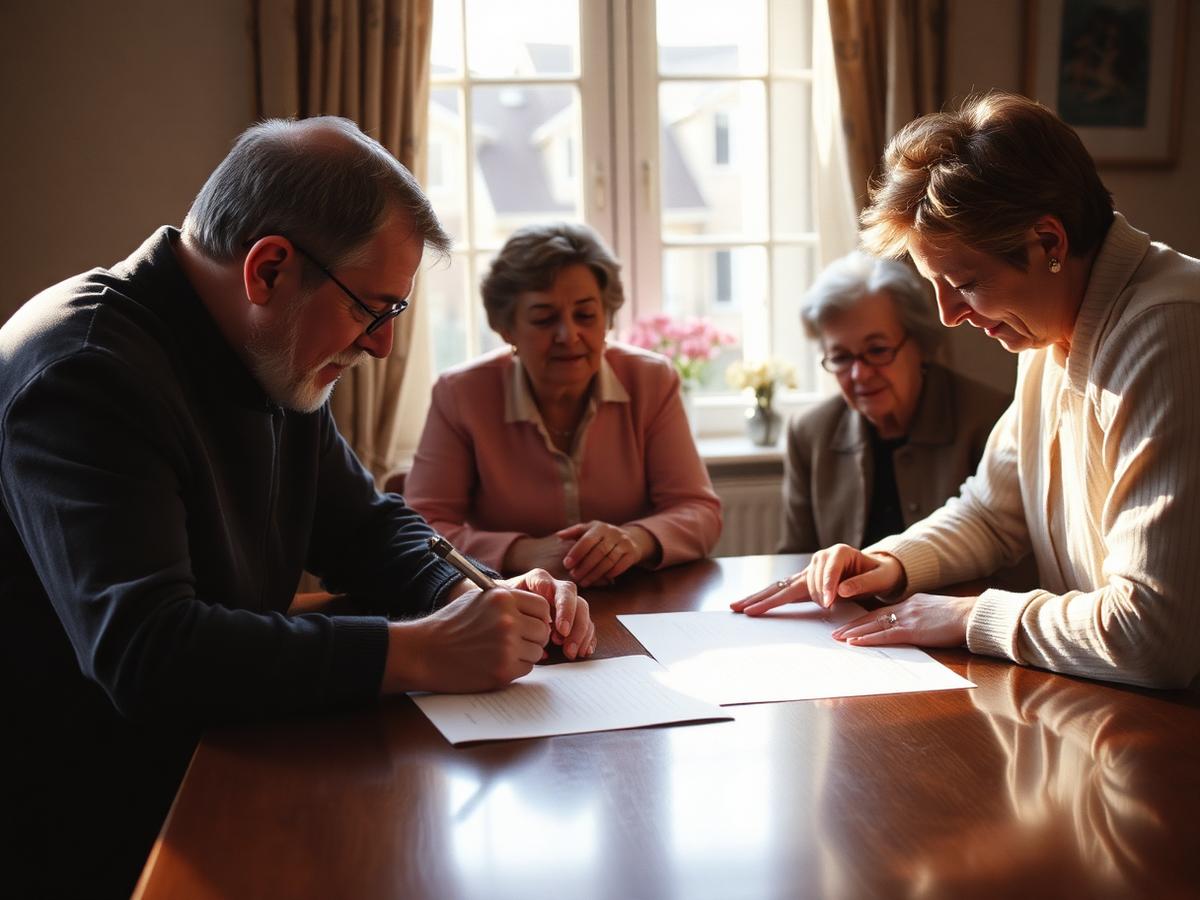 Two witnesses watching a will being signed at a table
