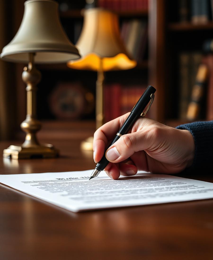 An older person signing a will at a writing desk