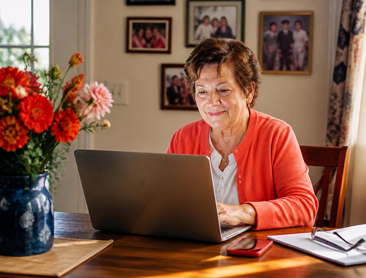 An older woman at a bright writing desk with flowers nearby