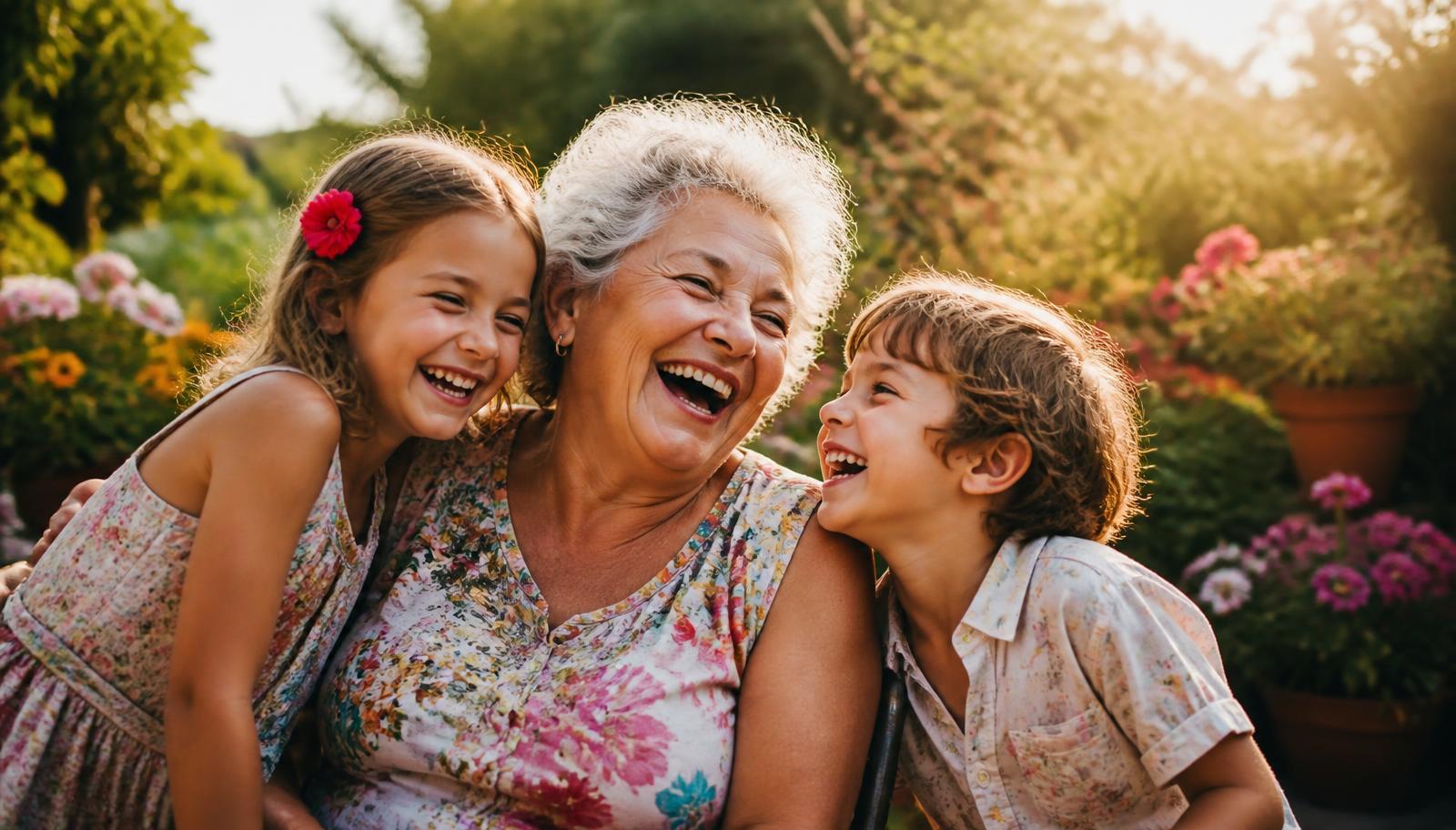 Three generations of a family laughing together in a sunlit garden