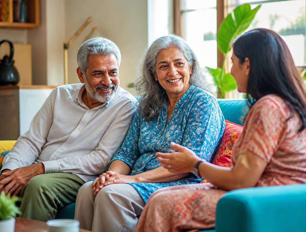 An older couple talking warmly with their adult children at home