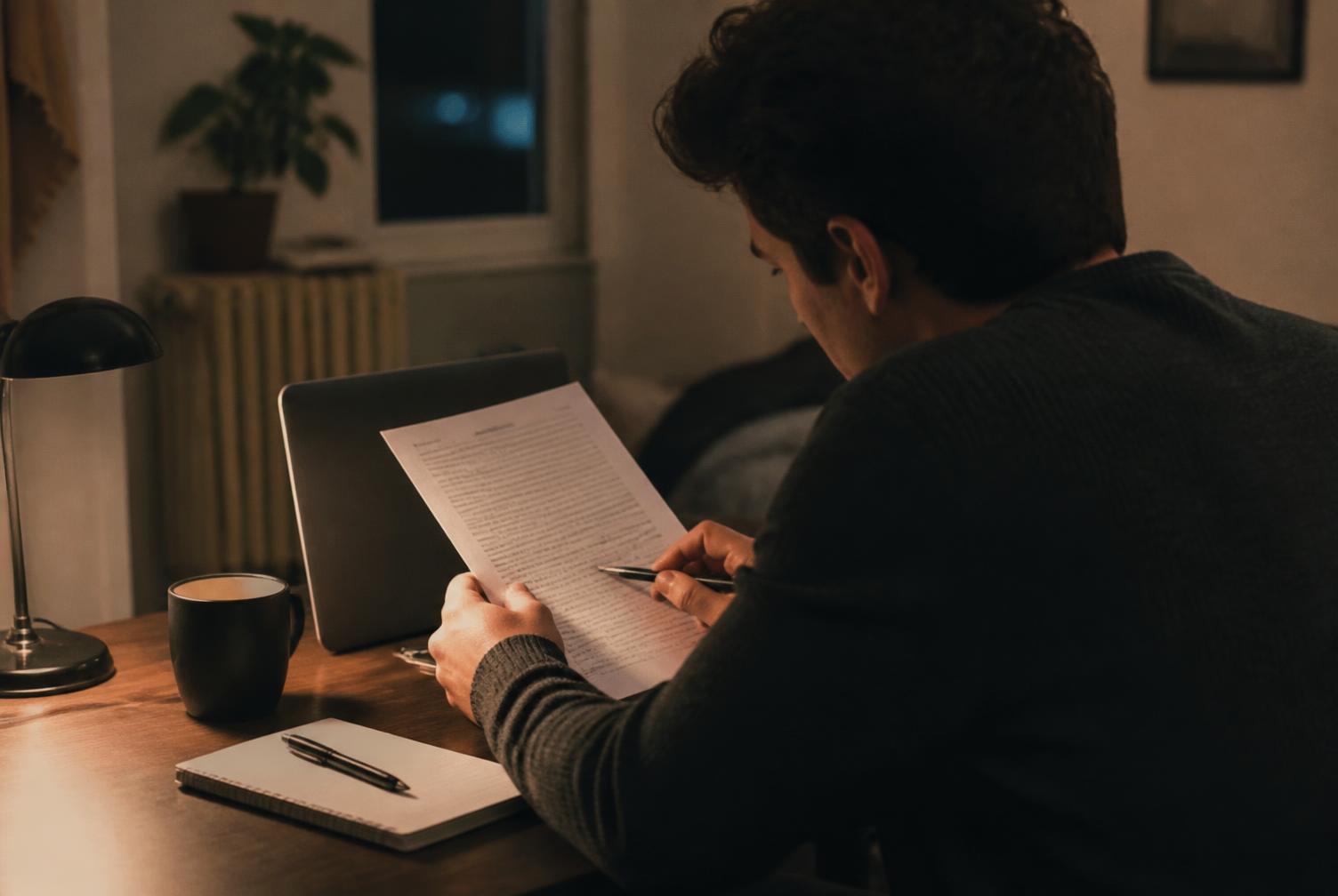 A person reviewing a printed contract at a desk under a lamp